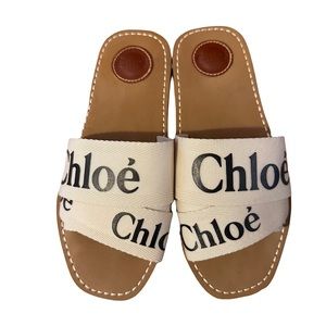 Chloé Woody Flat Logo Ribbon Slide Square Toe Sandals Size 38